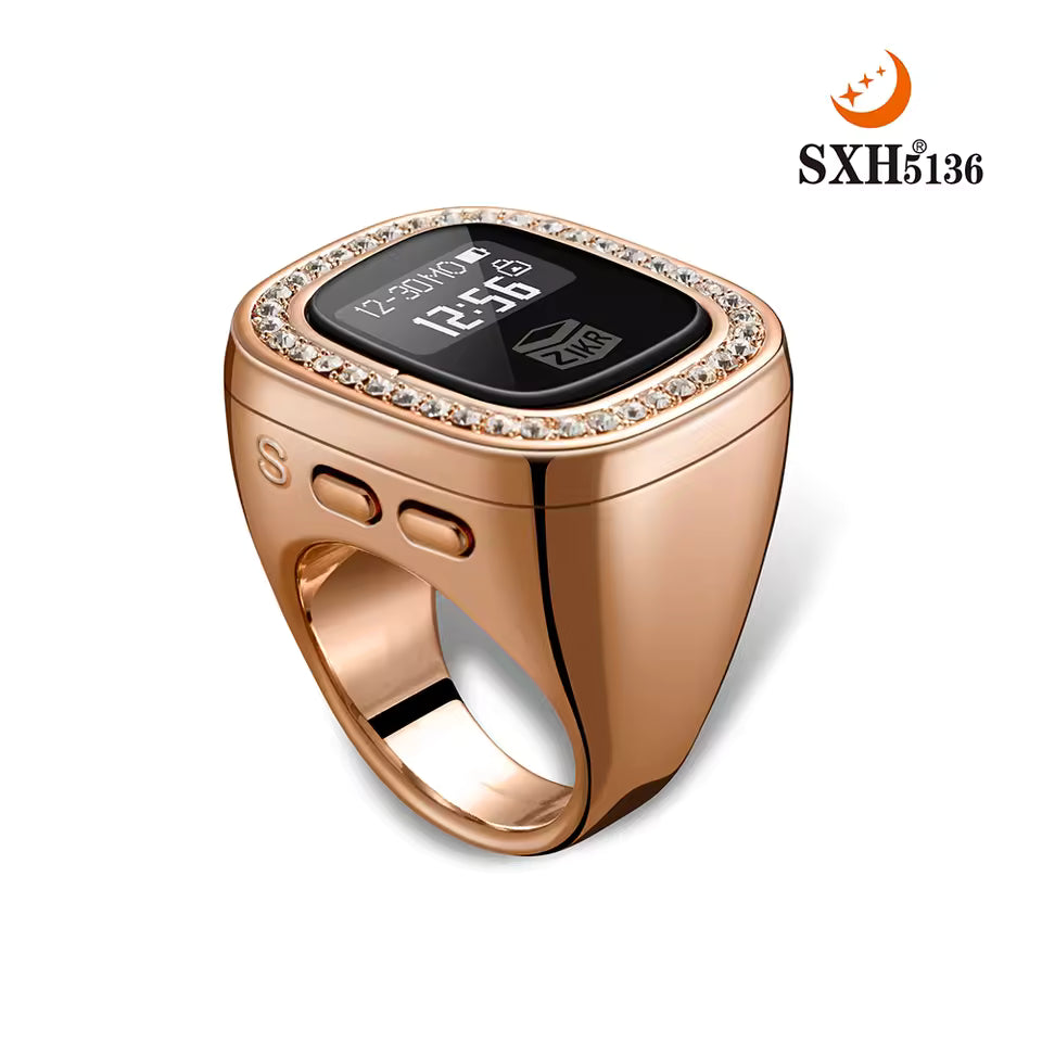 Oled Display Diamond Zikr Tasbeeh Rechargeable 4 Channel Vibration Time Screen Rotating Electronic Digital Zikr Ring