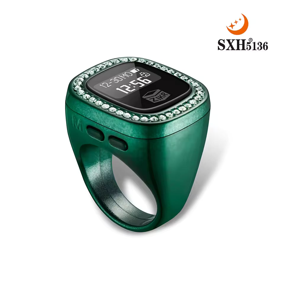 Oled Display Diamond Zikr Tasbeeh Rechargeable 4 Channel Vibration Time Screen Rotating Electronic Digital Zikr Ring