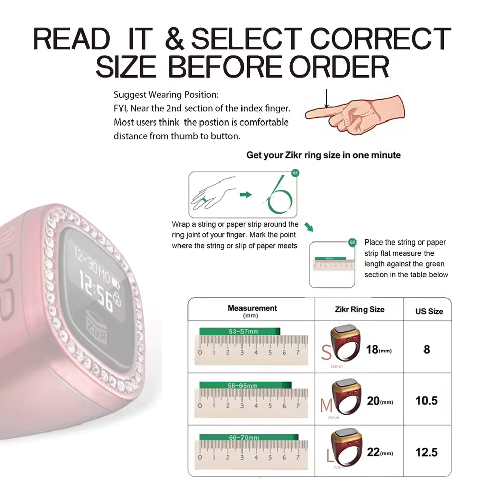 Zikr ring size guide with measurement chart and pink ring on a white background