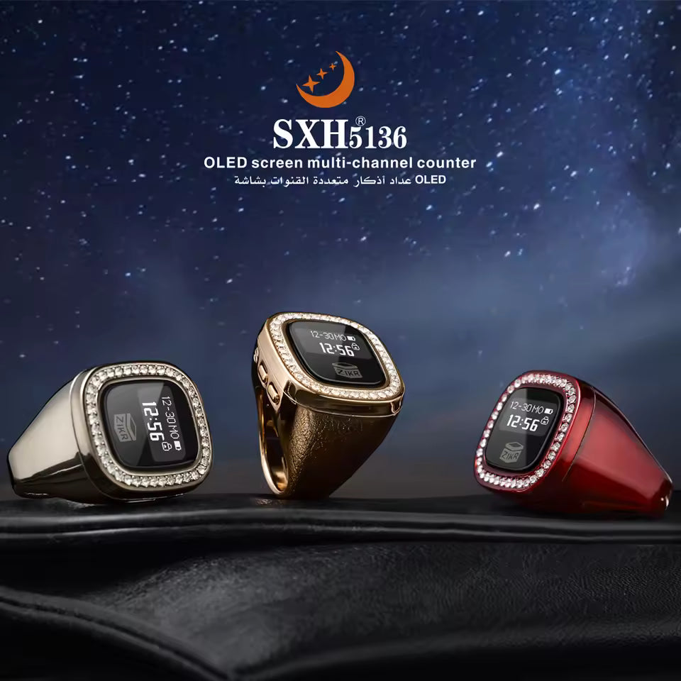 Oled Display Diamond Zikr Tasbeeh Rechargeable 4 Channel Vibration Time Screen Rotating Electronic Digital Zikr Ring