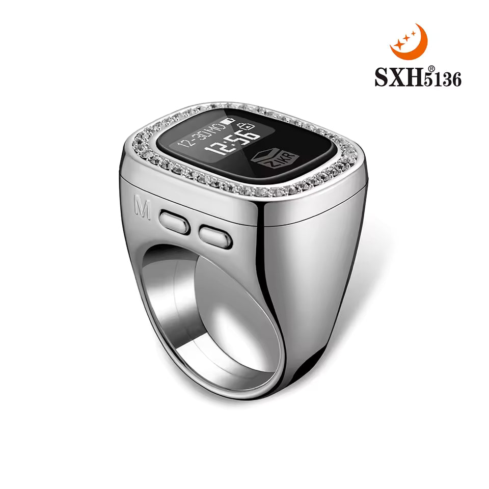 Oled Display Diamond Zikr Tasbeeh Rechargeable 4 Channel Vibration Time Screen Rotating Electronic Digital Zikr Ring