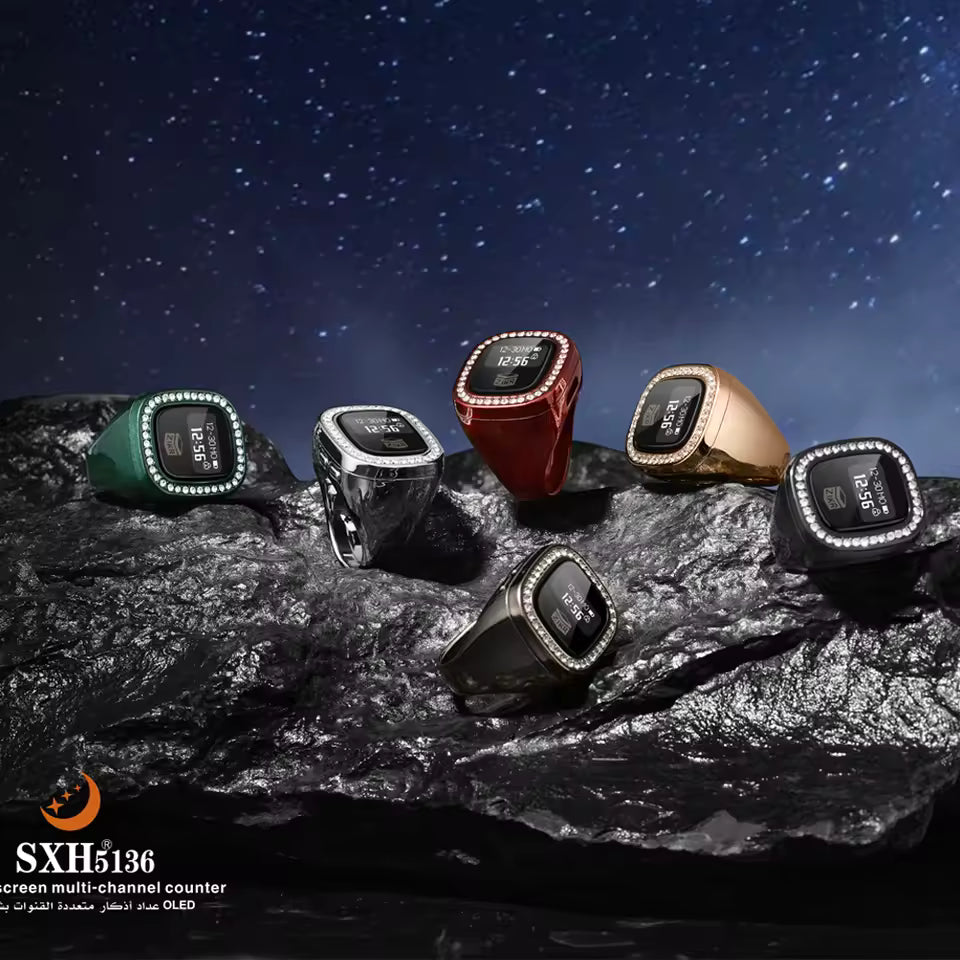 Oled Display Diamond Zikr Tasbeeh Rechargeable 4 Channel Vibration Time Screen Rotating Electronic Digital Zikr Ring