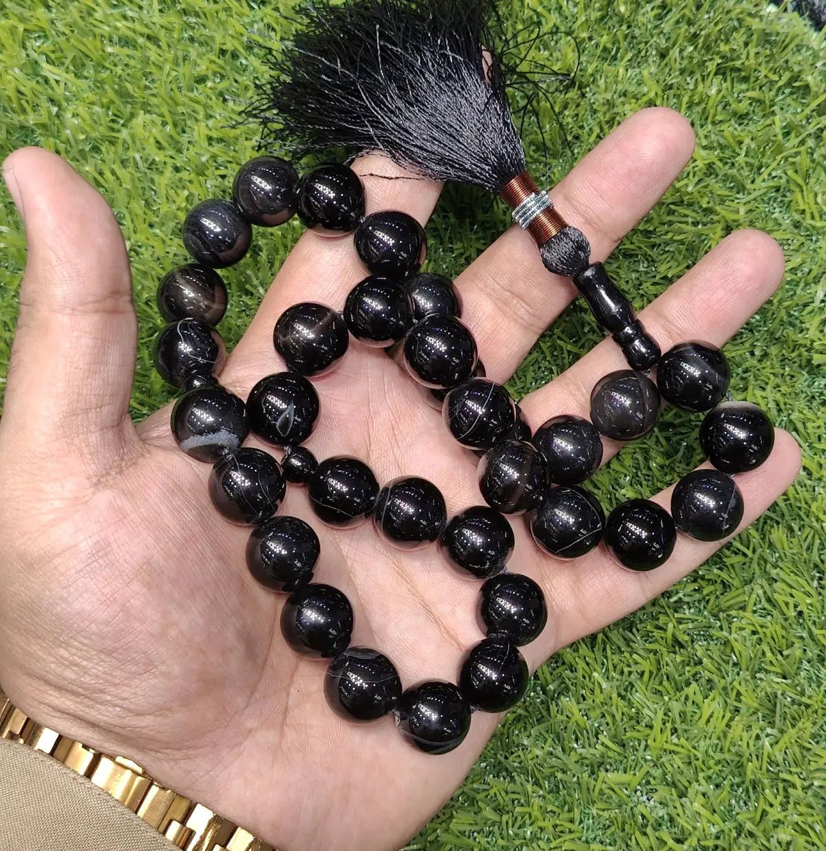 Black Aqeeq Stone Tasbeeh – 33 Beads, 14 mm - Tasbeeh WalaIslamic products