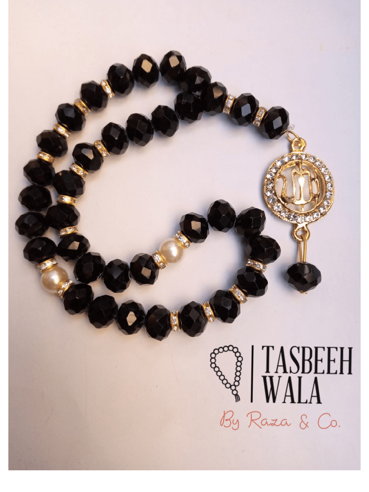 Black Crystal Allah Round Pendant Tasbeeh - Tasbeeh Wala