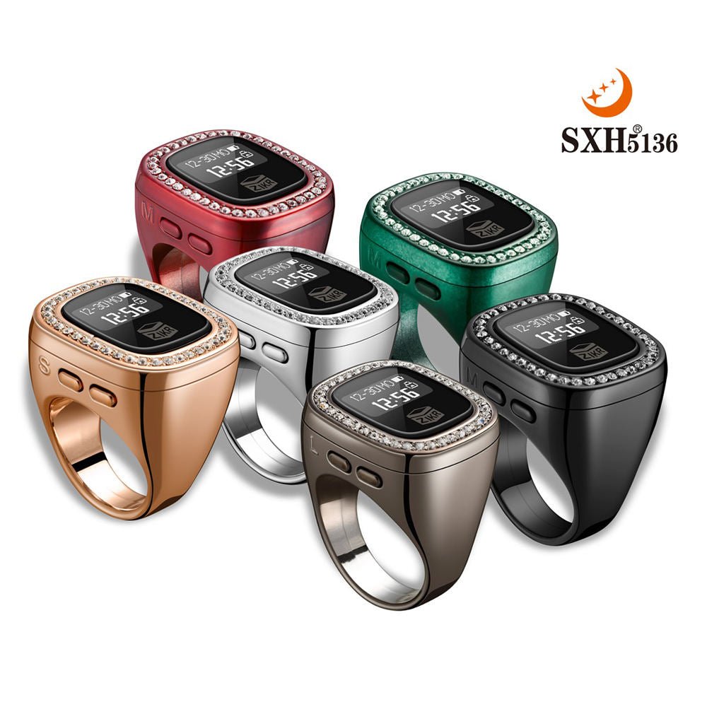 Oled Display Diamond Zikr Tasbeeh Rechargeable 4 Channel Vibration Time Screen Rotating Electronic Digital Zikr Ring - Tasbeeh Wala