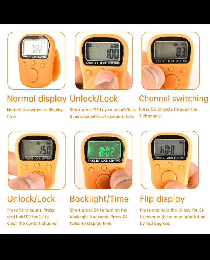 Rechargeable Digital Tasbeeh Counter Ring with 7 Channels, LCD Display & Backlight - Tasbeeh WalaIslamic products