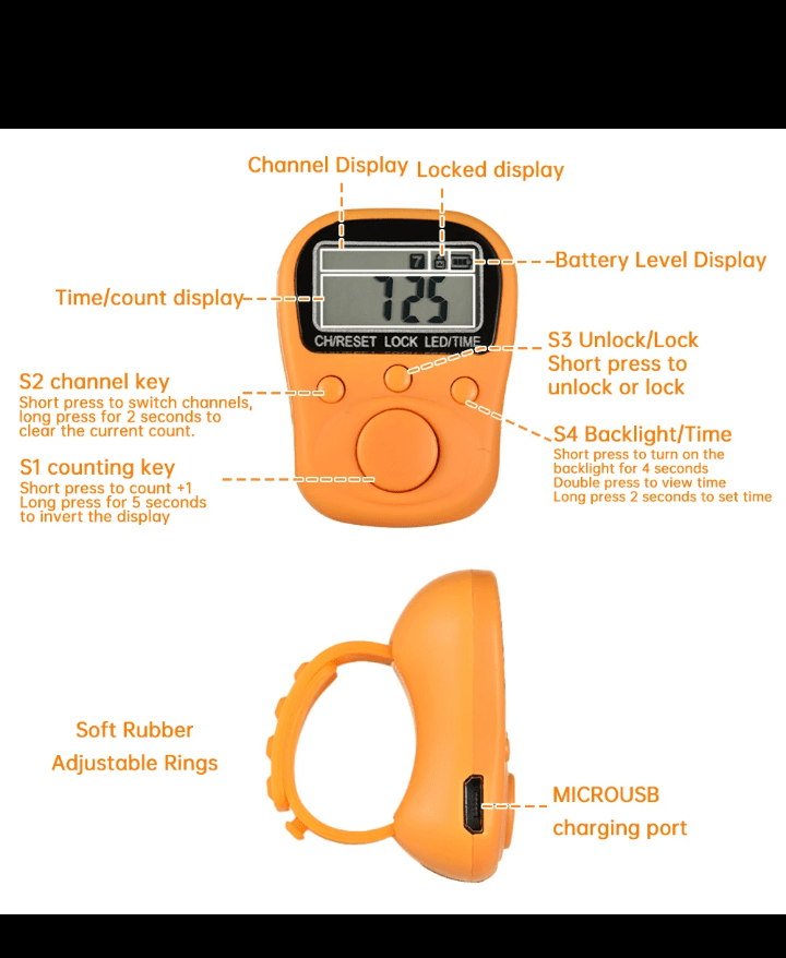 Rechargeable Digital Tasbeeh Counter Ring with 7 Channels, LCD Display & Backlight - Tasbeeh WalaIslamic products