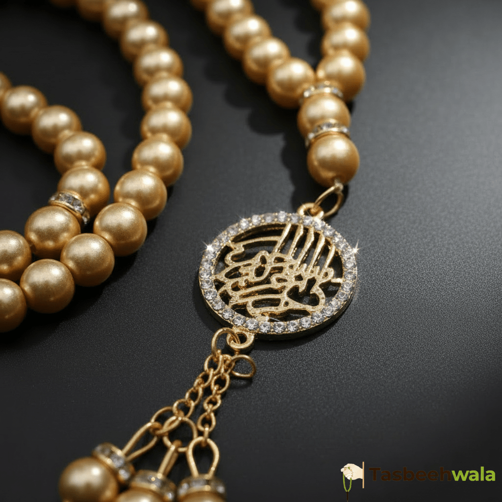 Golden Pearls Bismillah Pendant Tasbeeh | 99 Glass Pearl Beads | 8mm - Tasbeeh WalaIslamic products