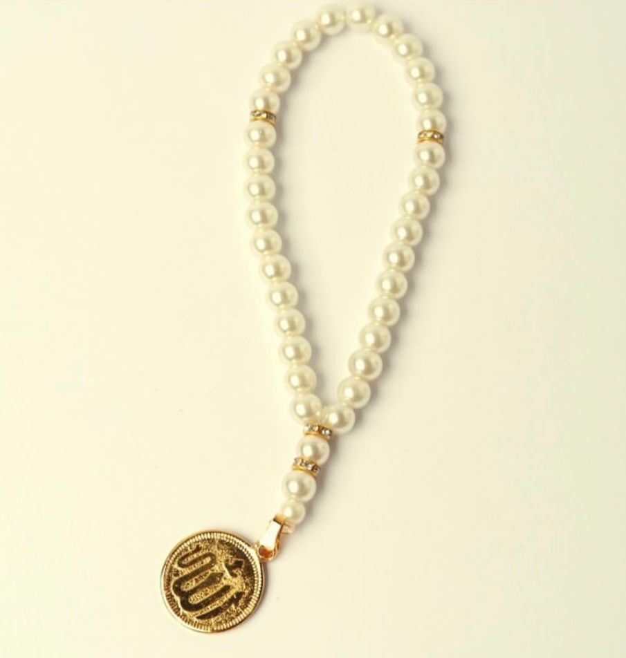 Pearl Beads Allah Coin Fancy Tasbeeh – 33 Off-White Glass Pearl Beads Pakistan | TasbeehWala