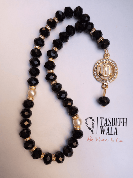 Black Crystal Allah Round Pendant Tasbeeh - Tasbeeh Wala
