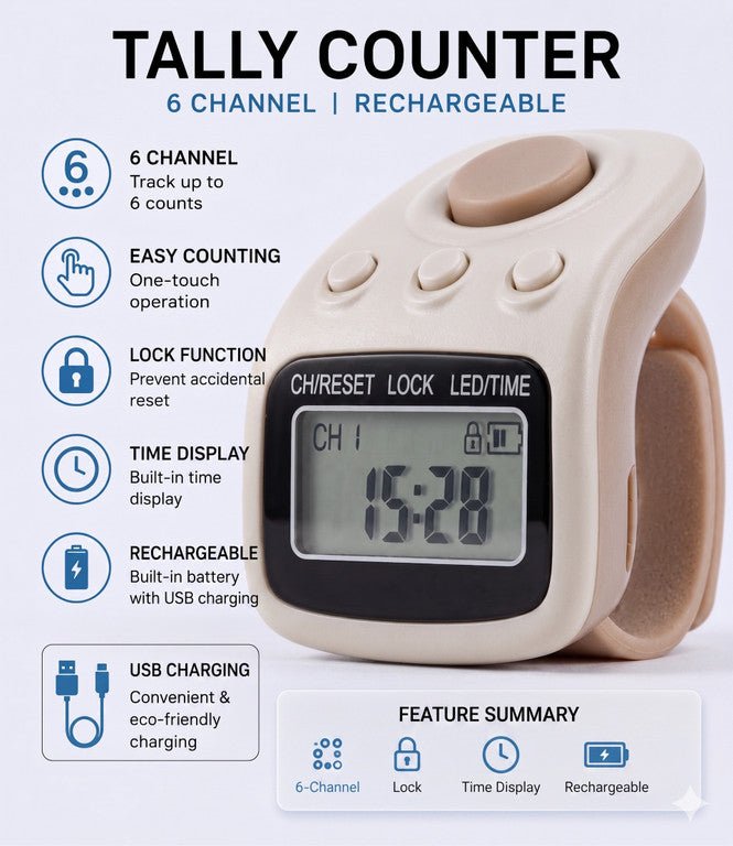 Digital Tasbeeh Counter | 6 Channels | Large Display | LED Light Option | Fast Charging | Pakistan - Tasbeeh WalaIslamic products
