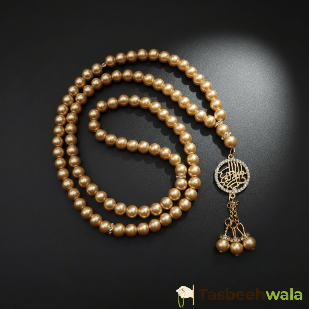 Golden Pearls Bismillah Pendant Tasbeeh | 99 Glass Pearl Beads | 8mm - Tasbeeh WalaIslamic products