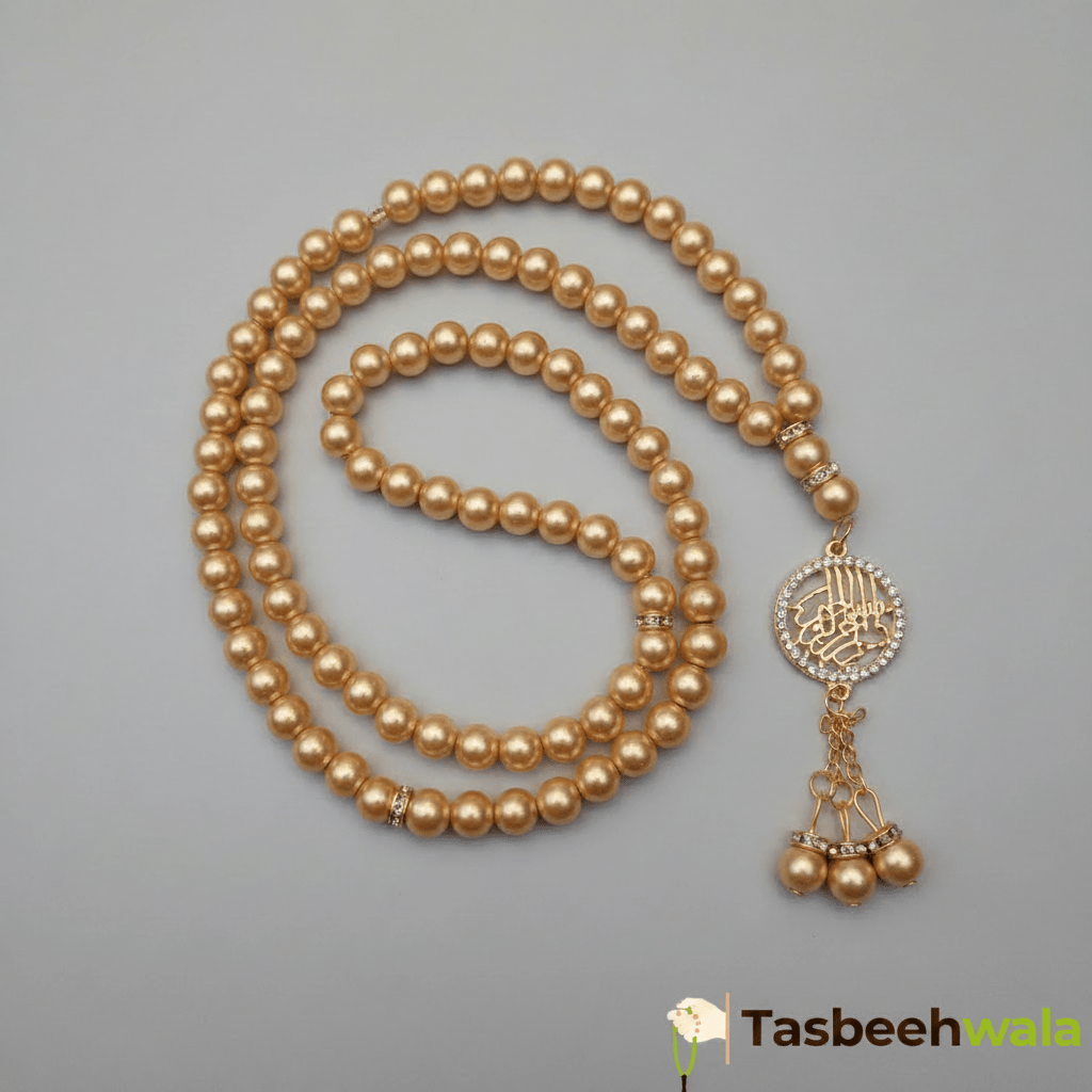 Golden Pearls Bismillah Pendant Tasbeeh | 99 Glass Pearl Beads | 8mm - Tasbeeh WalaIslamic products