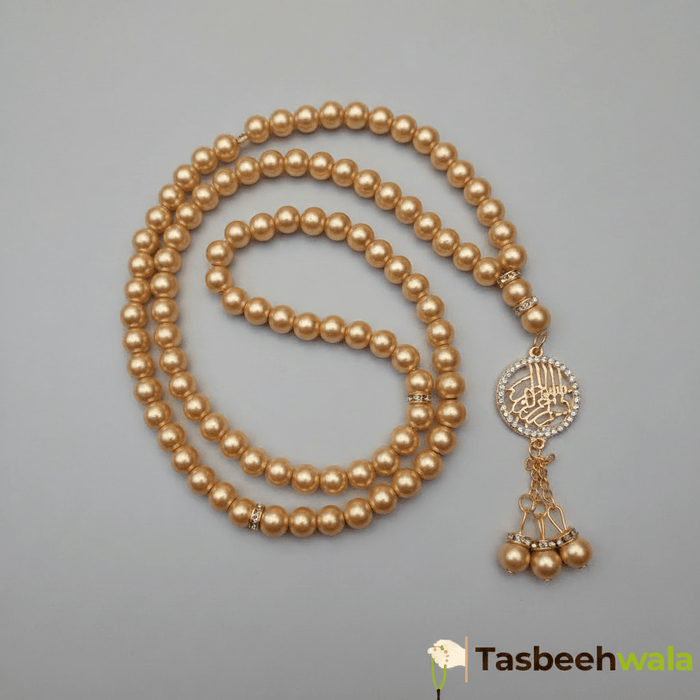 Golden Pearls Bismillah Pendant Tasbeeh | 99 Glass Pearl Beads | 8mm - Tasbeeh WalaIslamic products