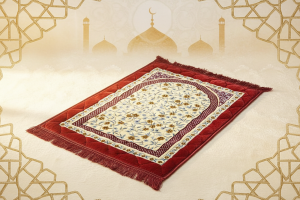 Velvet Foam Padded Prayer Mat on cream and gold Islamic spiritual background