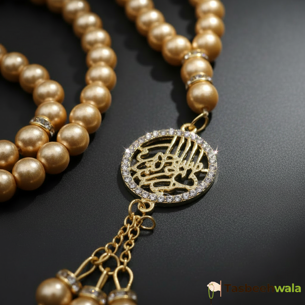 8mm Golden Glass Pearl Tasbeeh Beads Close Up – TasbeehWala