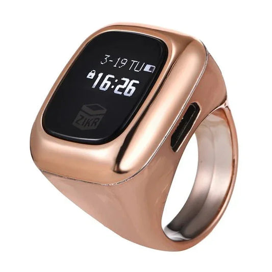 Rechargeable digital tasbih counter ring in elegant gold rose design