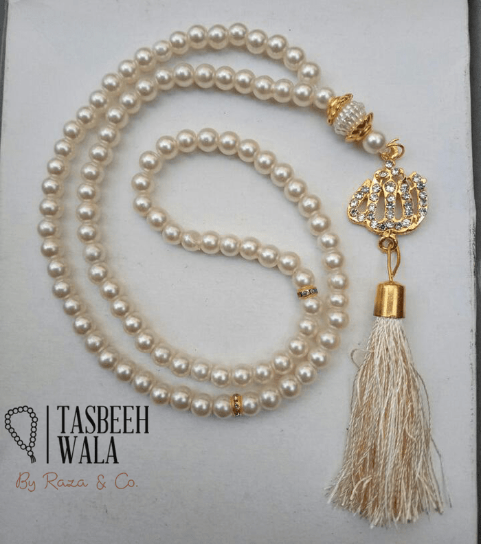 Pearls Tasbeeh with Allah pendant and tassel, 6mm 100 beads