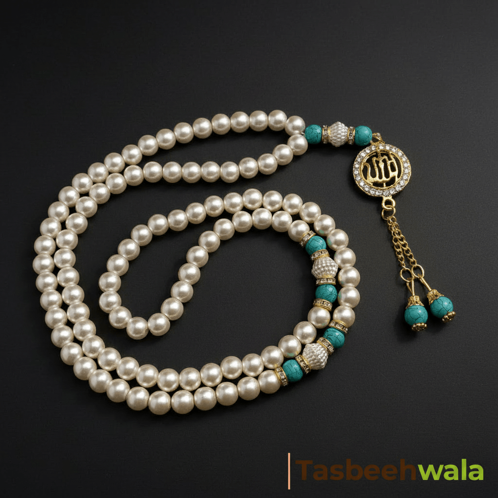 Pearls Fancy Tasbeeh | Allah Pendant | 99 Glass Pearl Beads - Tasbeeh WalaIslamic products
